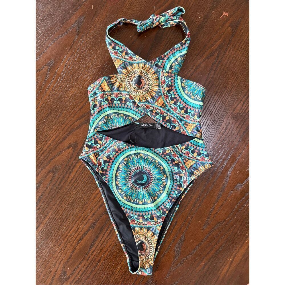 Nasty Gal Women's Tie Wrap Halter Cut Out One-Piece Swimsuit Teal Green Size 2